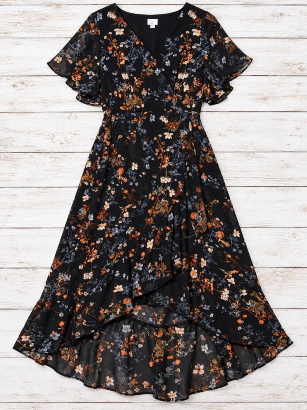 Whimsigoth Black Floral Chiffon Faux Wrap Dress Ruffles Boho Dark Romance 🖤🍂